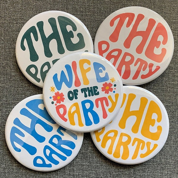 Color Wave Retro Bachelorette Buttons - 2.25 in Bach Buttons - Wife of the Party Retro Bachelorette Buttons