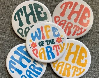 Color Wave Retro Bachelorette Buttons - 2.25 in Bach Buttons - Wife of the Party Retro Bachelorette Buttons