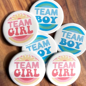 Groovy Gender Reveal Buttons: Team Boy, Team Girl - 2.25 in Pins