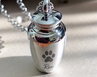 Paw Print Pet Memorial Urn Necklace, Personalized Cremation Jewelry for Dog or Cat Ashes, Engraved Stainless Steel Keepsake