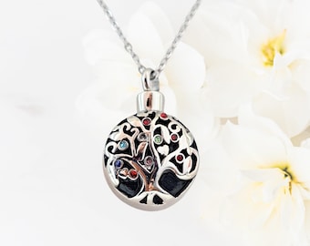 Tree of Life Cremation Necklace • Stainless Steel Urn Pendant, Birthstones