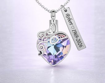 Personalized Heart Cremation Necklace with Engraved Tag, Sterling Silver Ash Urn, Memorial Keepsake Jewelry