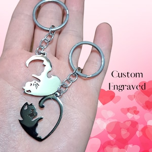 Engraved Cat Keychain Set: Puzzle Pendant, Couple Keychain