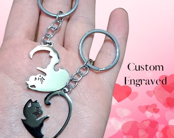 Engraved Cat Keychain Set: Puzzle Pendant, Couple Keychain