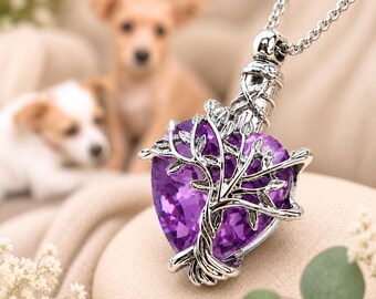 Pet Memorial Urn Necklace, Tree of Life Heart Pendant, Cremation Ashes Keepsake
