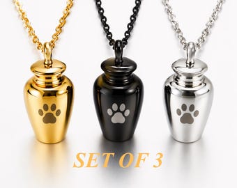Pet Urn Necklace Set of 3 Personalized Paw Print Ashes Keepsake Cremation Pendant Gold Black Silver