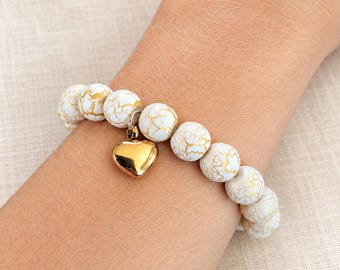 White and Gold Crackle Glass Bead Bracelet, Optional Heart Urn Charm, Personalized Memorial Keepsake