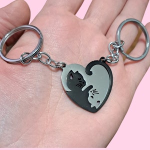 Personalized Cat Keychain Set: Engraved Couples Gift