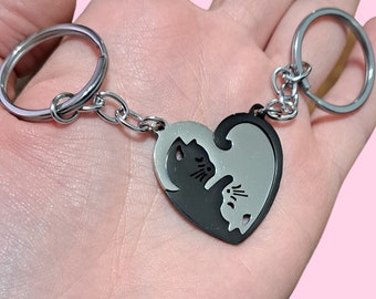 Personalized Cat Keychain Set: Engraved Couples Gift