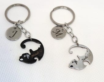 Personalized Cat Puzzle Keychain Set: Engraved Stainless Steel Couples/BFF Gift