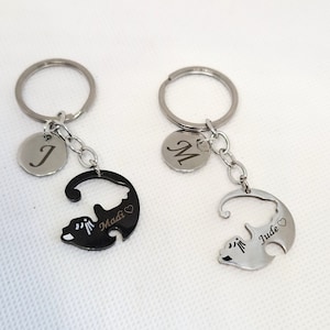 Personalized Cat Keychain Set: Engraved Couple Puzzle Pendant