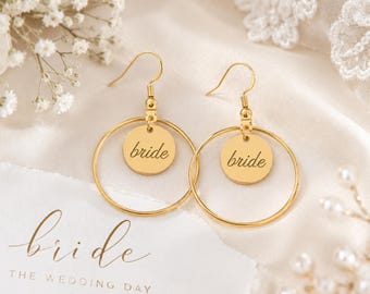 Bride Hoop Earrings, Personalized Wedding Earrings, Engraved Round Disc Jewelry, Bridal Gift