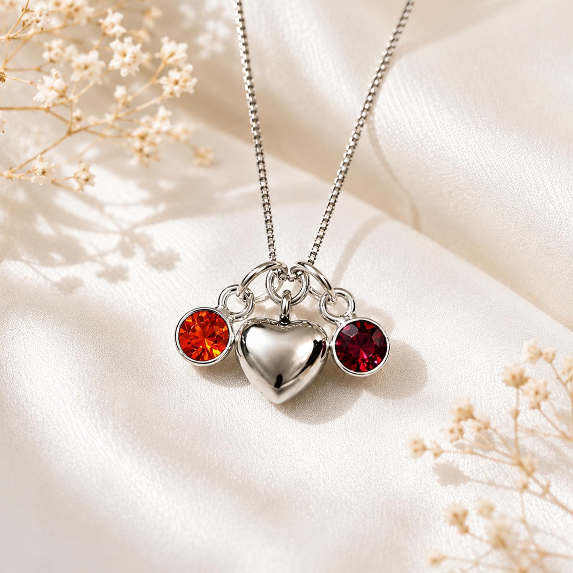 Personalized Heart Urn Necklace with Birthstone Charms, Memorial Jewelry for Ashes