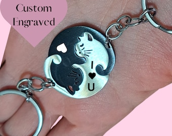 Personalized Cat Puzzle Keychain Set: Engraved Stainless Steel Couple Gift