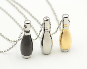 Personalized Bowling Pin Cremation Urn Necklace: Stainless Steel Memorial Pendant