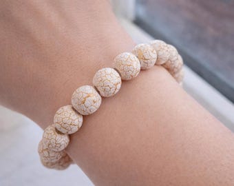 White & Gold Crackle Bead Bracelet, Handmade Ceramic Bracelet, Minimalist Neutral Jewelry, Gift for Her