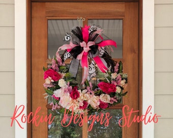Pink  Peach and fuchsia Spring Wreath / Summer Wreath/ Mother's Day Wreath / Front Door hanger / hot pink and black and white bow