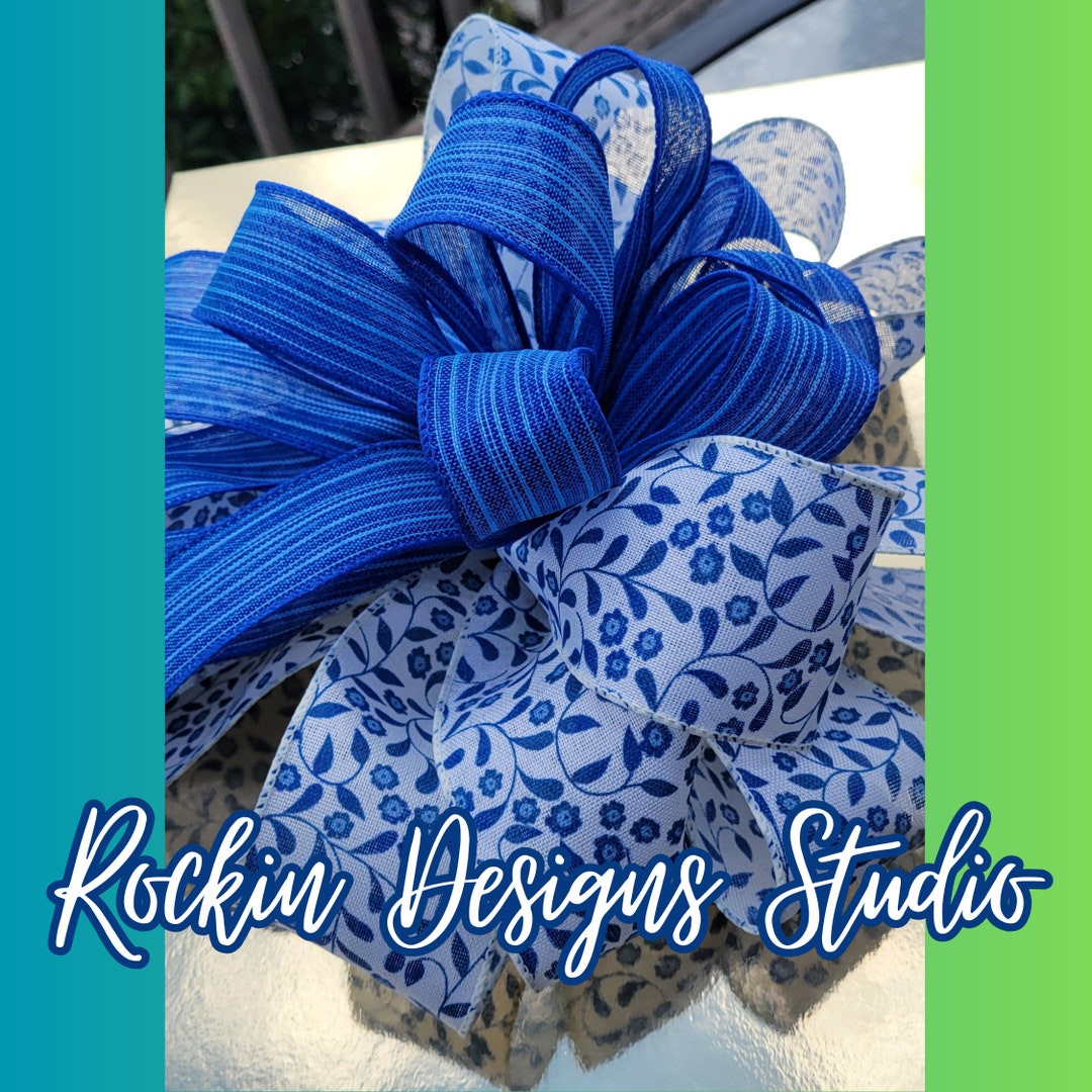 Whimsy Ribbon Blue Large Blue and White Patterned Ribbon Bow / Door Hanger Bow / Wreath ...