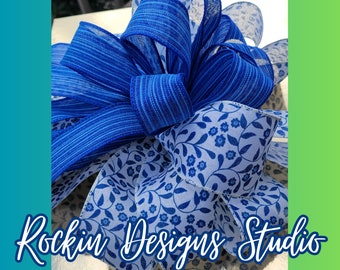 Large Blue and White Patterned Ribbon Bow / Door hanger bow / Wreath Bow / Mantle Bow / Bow for a Present / Whimsy Bow