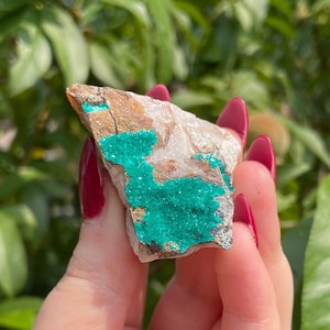 May include: A rough, irregular shaped, light brown rock with a cluster of bright green crystals on one side.