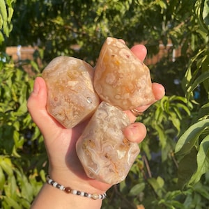 Small Polished Yellow & Pink Flower Agate Crystal Carving Flame Points