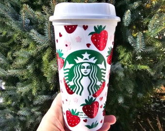 Strawberry and Hearts Coffee Cup| Reusable Starbucks Hot Cup| Personalized Gifts for Strawberry Lovers|