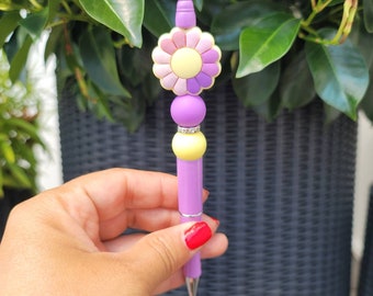 Flower Pen| Gifts Under 15| Beaded Pen| Fun Pens| Cute Pen| Pink and Purple Flowers| Summer Theme Pen
