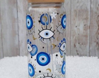 Evil Eye Can Shaped Glass| Protect Your Energy Evil Eye Cup| Iced Coffee Glass| Personalized Drinking Glass| Mati