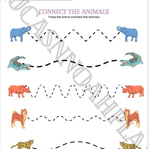 Peut inclure: Une feuille de travail avec le titre "Connect the Animals" et des instructions pour tracer les lignes afin de relier les animaux. La feuille de travail présente cinq paires d'animaux : un éléphant, un crocodile, un rhinocéros, un chien et un léopard.