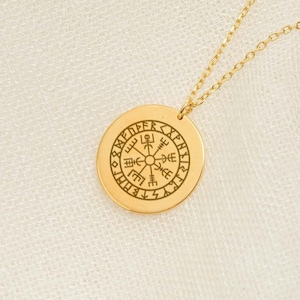 14K Solid Gold Viking Compass, Vegvisir Necklace, Norse Runes Pendant Protection Amulet, Sterling Silver Viking Jewelry Gift Norse Mythology