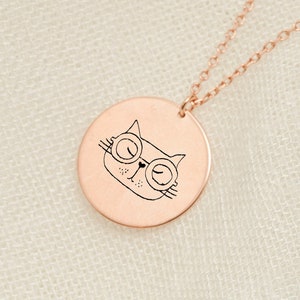 Engraved Cate Necklace, 14K Solid Gold Cat Jewelry, Personalized Cat Necklace, Cat Lover Jewelry, Caricature Pendant, Gold Necklace for Kids