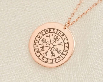 Vegvisir Necklace, 14K Solid Gold Viking Compass, Norse Runes Pendant Protection Amulet, Sterling Silver Viking Jewelry, Norse Mythology