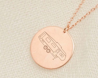 14K Gold Caravan Charm Necklace, Camper Trailer Necklace, Travel Necklace Gift, Camping Lovers Pendant Gift For Her, Adventuring Camper Gift