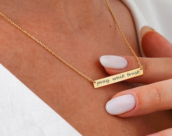Faith Necklace for Women, Pray Wait Trust Necklace, Christian Gift 14K Solid Gold Christian Necklace Best Friend Gift Christmas Gift For Her