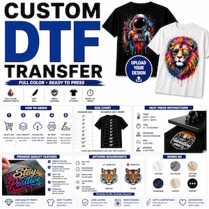 May include: Custom DTF transfer sheets for apparel featuring full-color, ready-to-press designs. Includes instructions for heat press application, size charts ranging from 2 to 14 inches, and compatibility details for cotton, polyester, and blends.