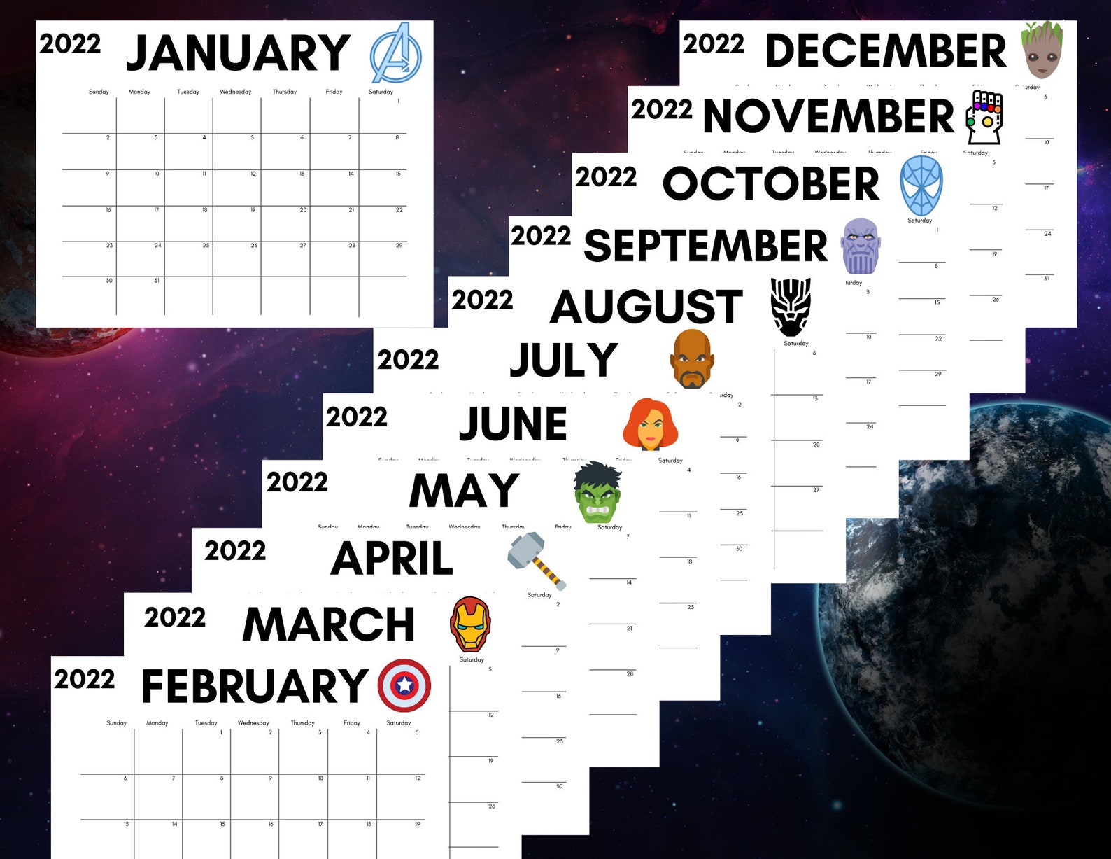 2022 Marvel Avengers Calendar PDF Instant Digital Download Etsy