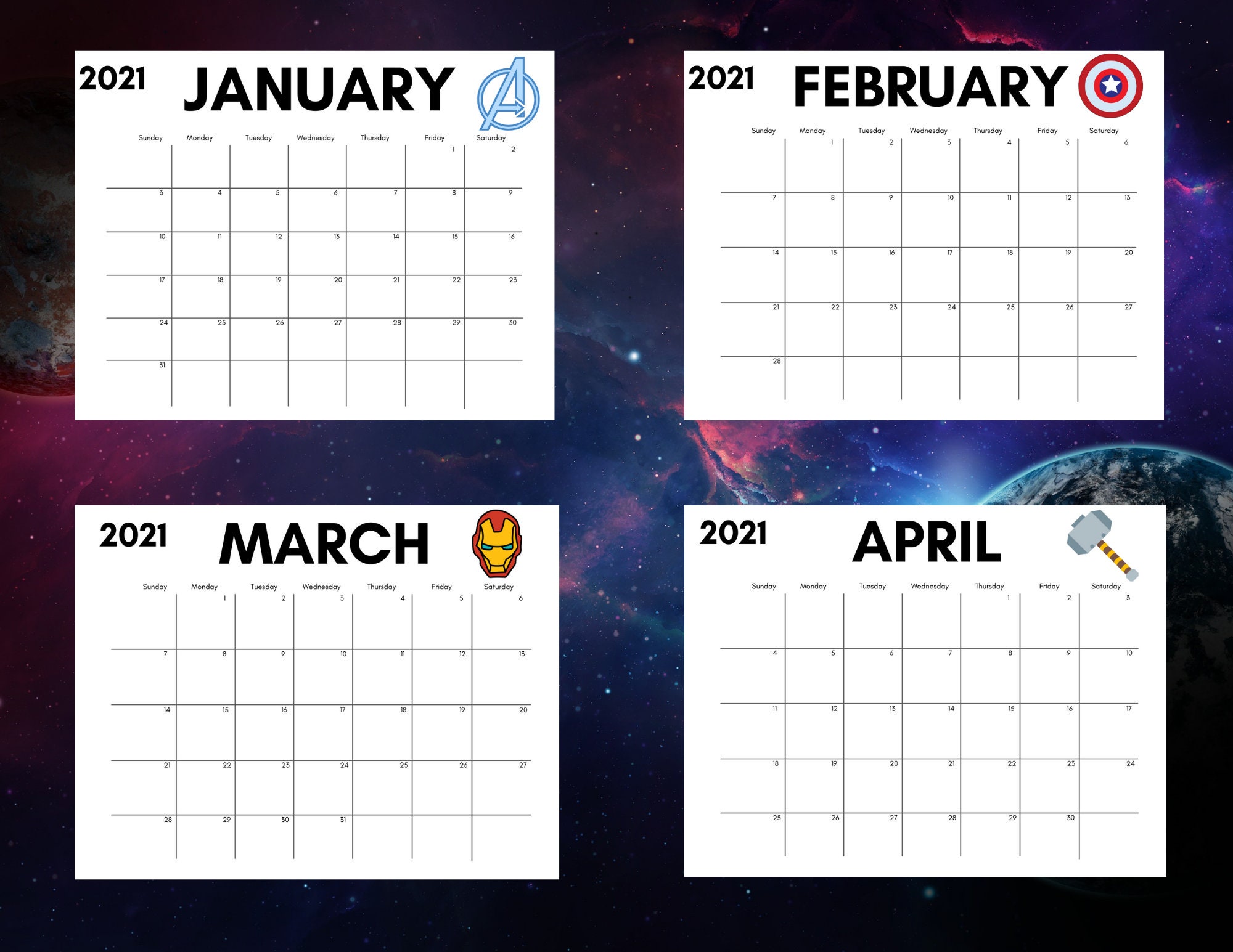 2021 Marvel Avengers Calendar PDF Instant Digital Download Etsy