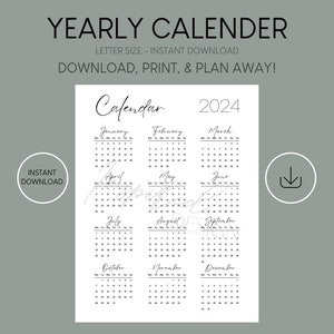 Printable Yearly Calendar, Routine, Goals, Organized Planner, A4/A5/Letter/Half Size, Instant Download, Minimalist Design
