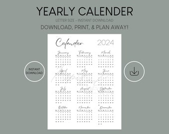 Printable Yearly Calendar, Routine, Goals, Organized Planner, A4/A5/Letter/Half Size, Instant Download, Minimalist Design