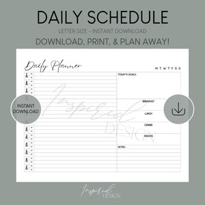 Printable 12 Hour Daily Schedule, Routine, Goals, Meal Plan, Organized Planner, A4/A5/Letter/Half Size, Instant Download, Minimalist Design