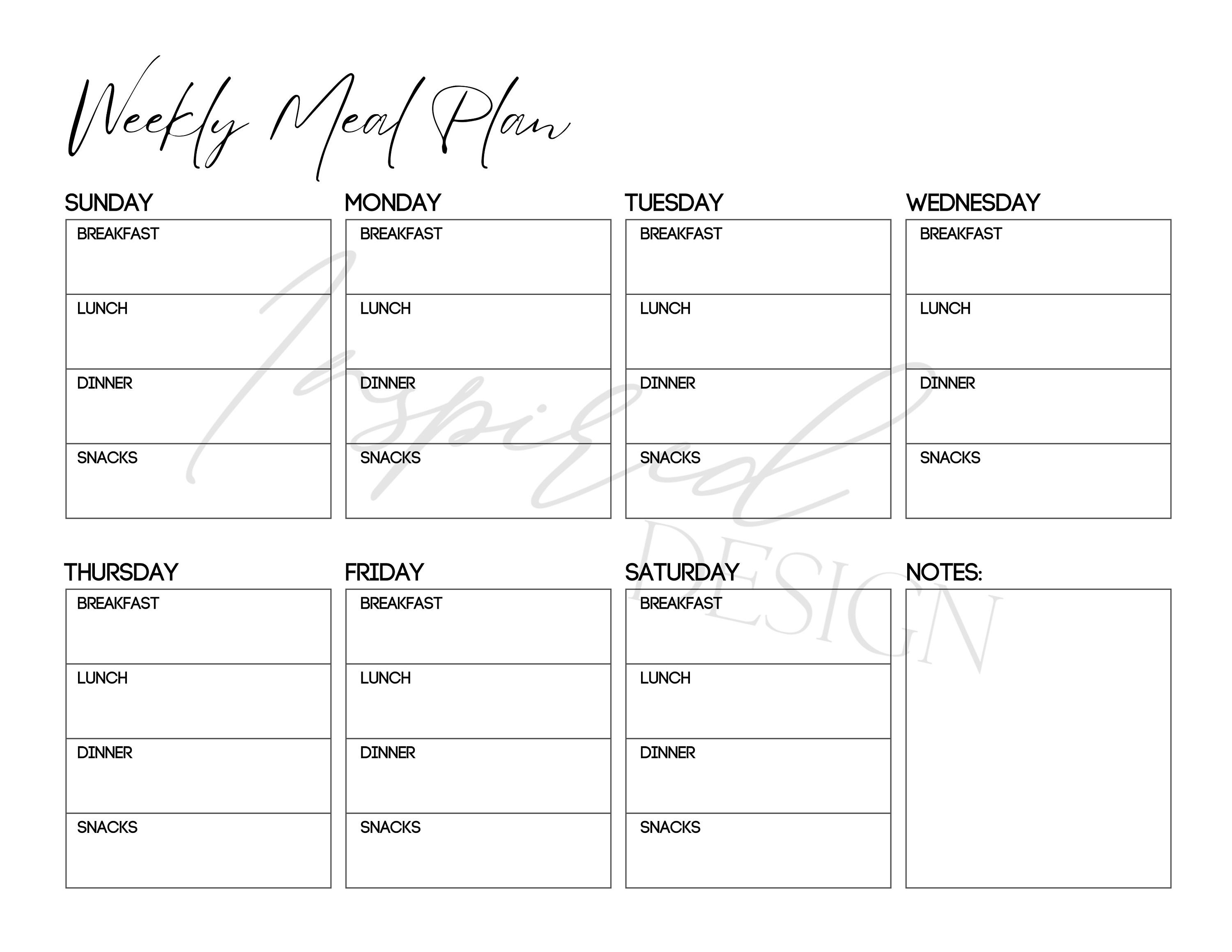 Printable Weekly Meal Plan, Meal Tracker, Food Journal, Meal Prep