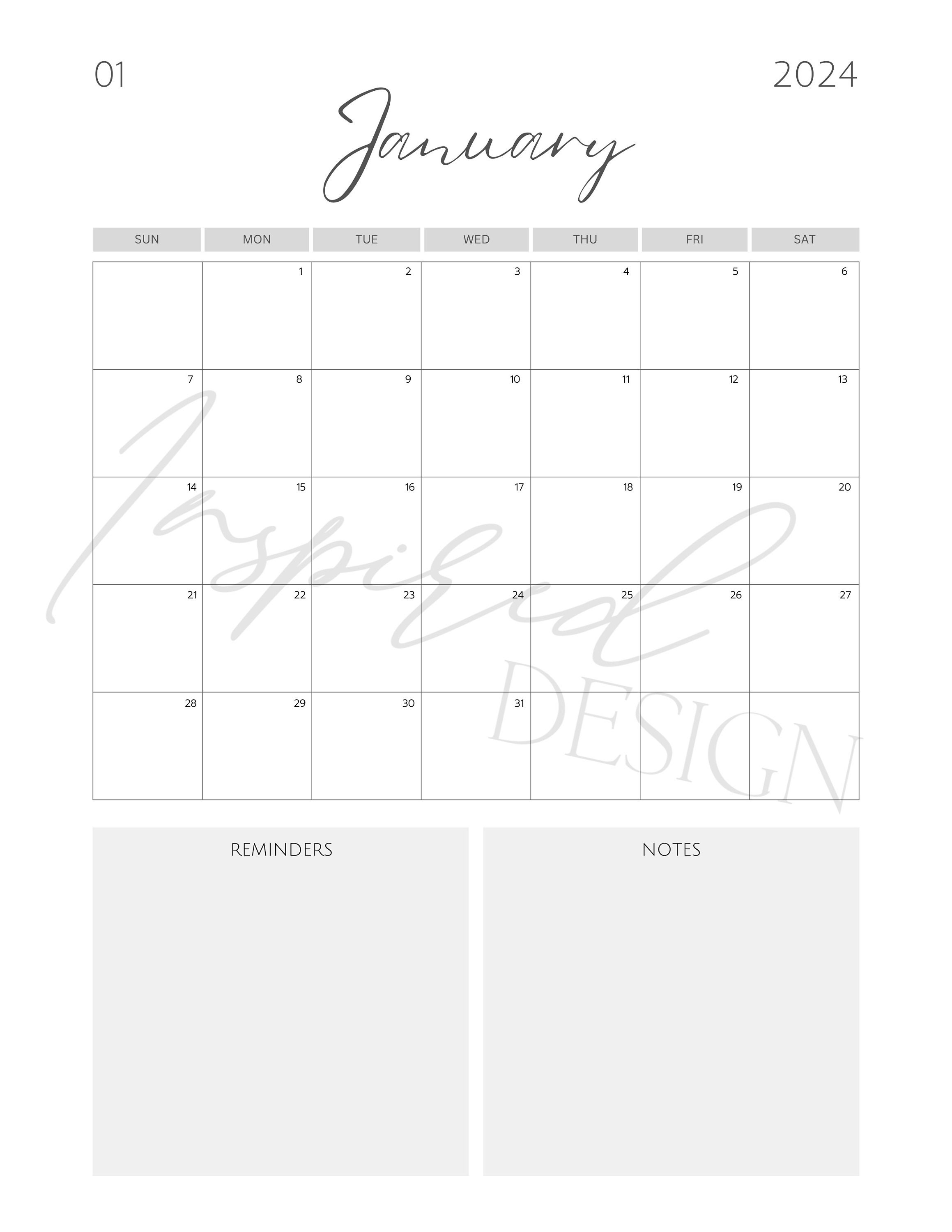 Printable Blank Yearly Calendar 12 Months, Routine, Goals, Organized