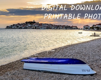Digital Download Printable Photo Boat on the Beach at Sunset in Primosten, Croatia - Printable Wall Art Instant Download