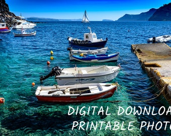 Digital Download Printable Photo Boats in Amoudi Bay, Below Oia, Santorini, Greece - Printable Wall Art Instant Download