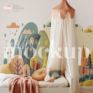 Mockup di carta da parati per la scuola materna, Mockup di parete vuota, Modello Mockup interno, Mockup parete, Mockup interno stanza bambino