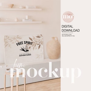 May include: A digital download mockup of a framed print with a watercolour background and the text "Free Spirit" with a bird and the text "Say yes to new adventures".