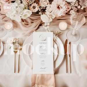 Maquete de menu, maquete de cartão de menu, maquete de menu de casamento, maquete de cartão em branco, maquete estacionária, maquete de casamento