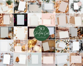 May include: A collection of 30 Christmas card mockups, each featuring a blank card against a festive backdrop. The backgrounds include holiday decorations, such as pine branches, ornaments, and fairy lights, creating a seasonal theme. The text "30 Christmas Card mockups" is visible.