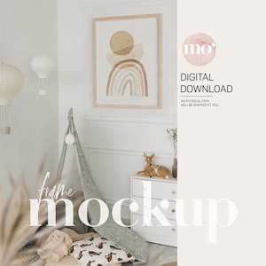 May include: A framed print of a watercolor rainbow with abstract shapes in shades of brown and beige. The print is hanging on a white wall in a room with a teepee, a dresser, and a stuffed animal.
