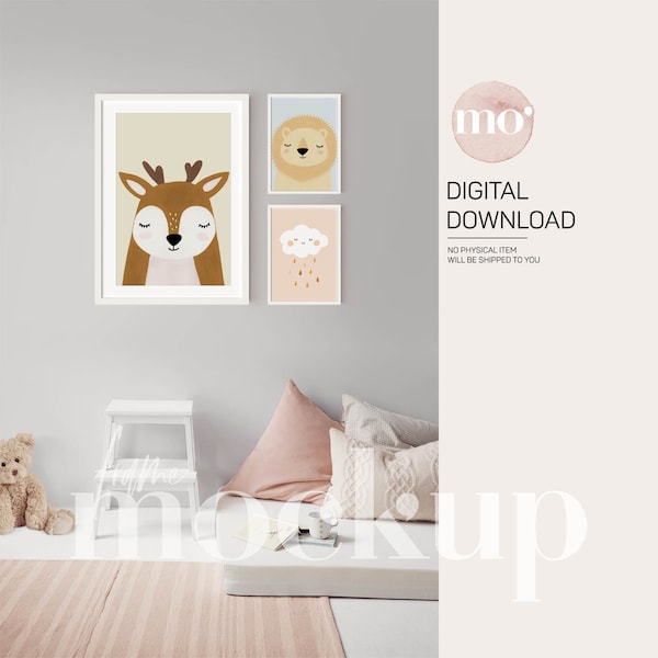 3 Nursery Vertical White Frame Mockup, Baby Room Posters Mockup, PSD smart object, Girl Room Print Mockup